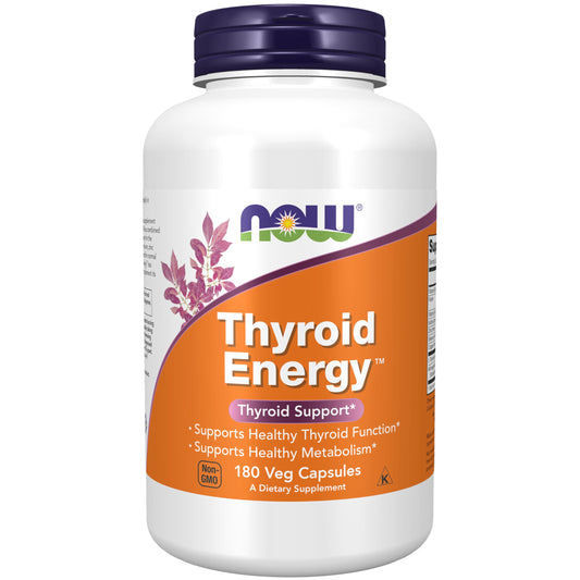 NOW Foods Thyroid Energy bottle closeup showing capsules for thyroid support