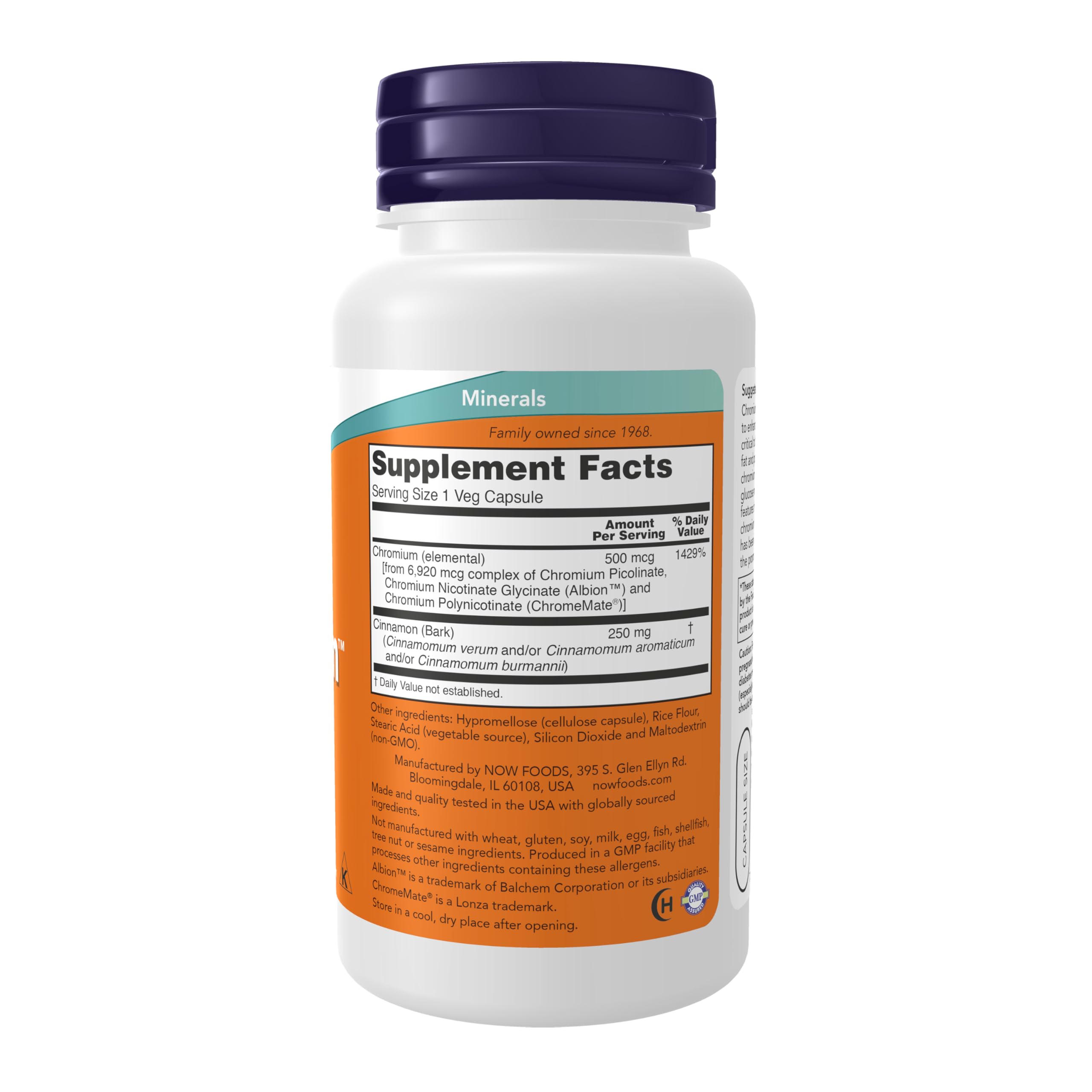 NOW Foods cápsulas veganas Tri-Chromium detalle de textura y tamaño beneficio práctico