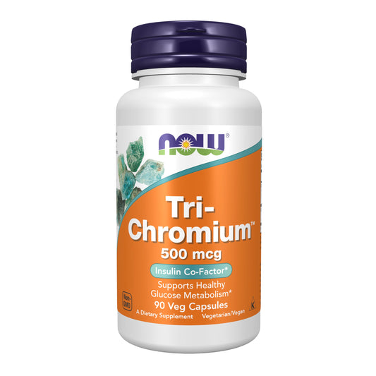 NOW Foods envase frontal Tri-Chromium con canela para apoyo metabólico