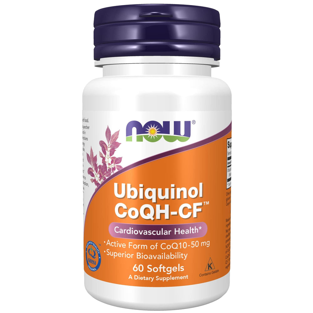 NOW Foods envase frontal de Ubiquinol 50 mg mostrando presentación clara