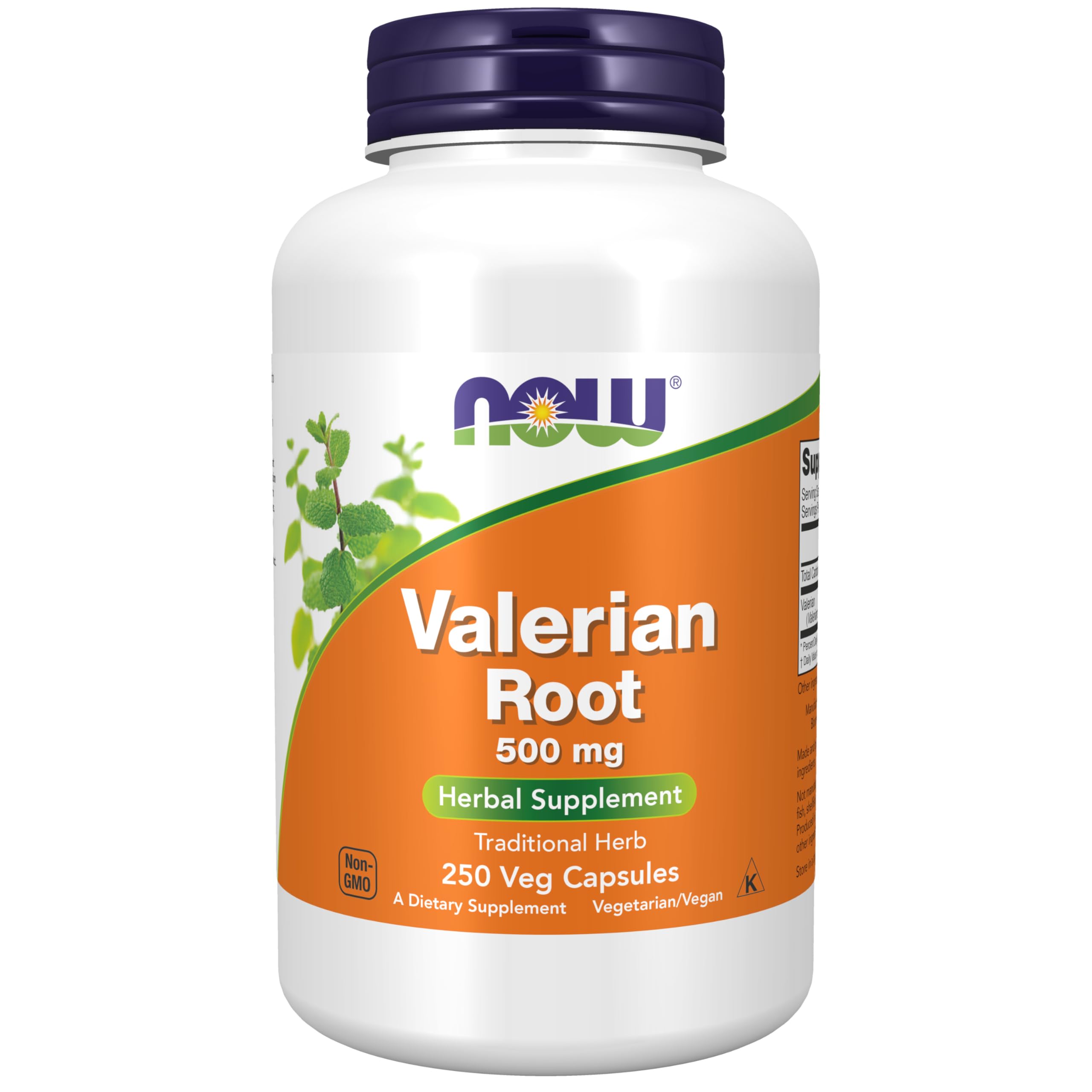 NOW Foods frasco delantero de Valerian Root 500 mg mostrando etiqueta clara y beneficios