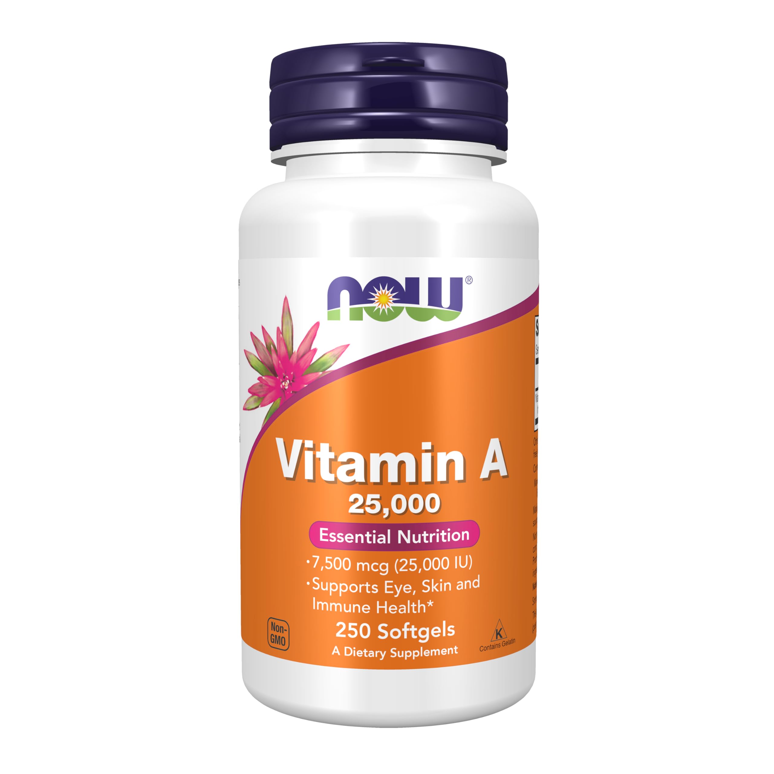 NOW Foods envase frontal de vitamina A 25,000 IU mostrando cantidad y formato