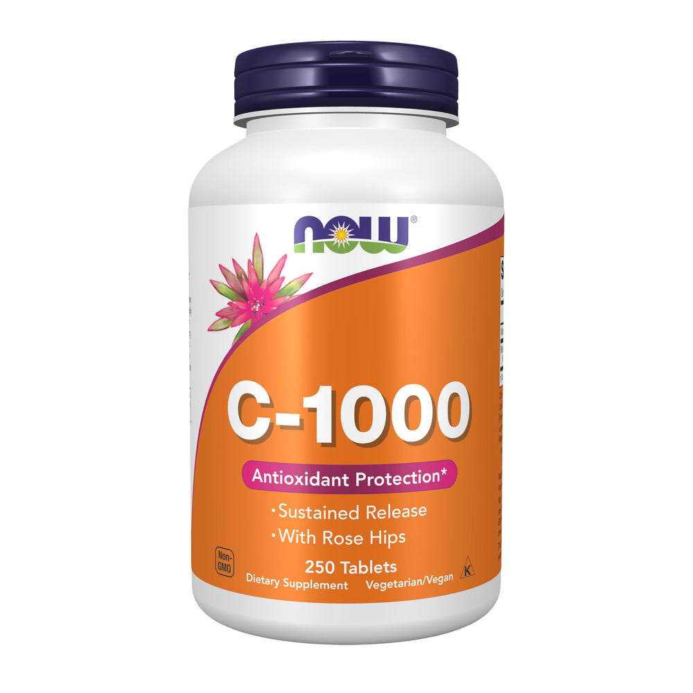 NOW Foods frasco frontal mostrando 250 tabletas y beneficios