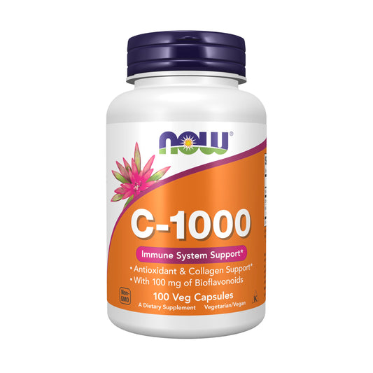 NOW Foods frasco frontal de Vitamina C-1000 con información clara y beneficio antioxidante