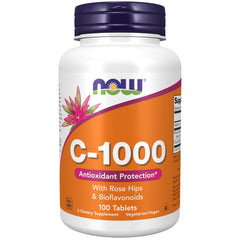 NOW Foods frasco frontal mostrando la presentación y 100 tabletas, confianza de marca