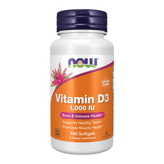 NOW Foods envase frontal de vitamina D-3 360 softgels, muestra durabilidad