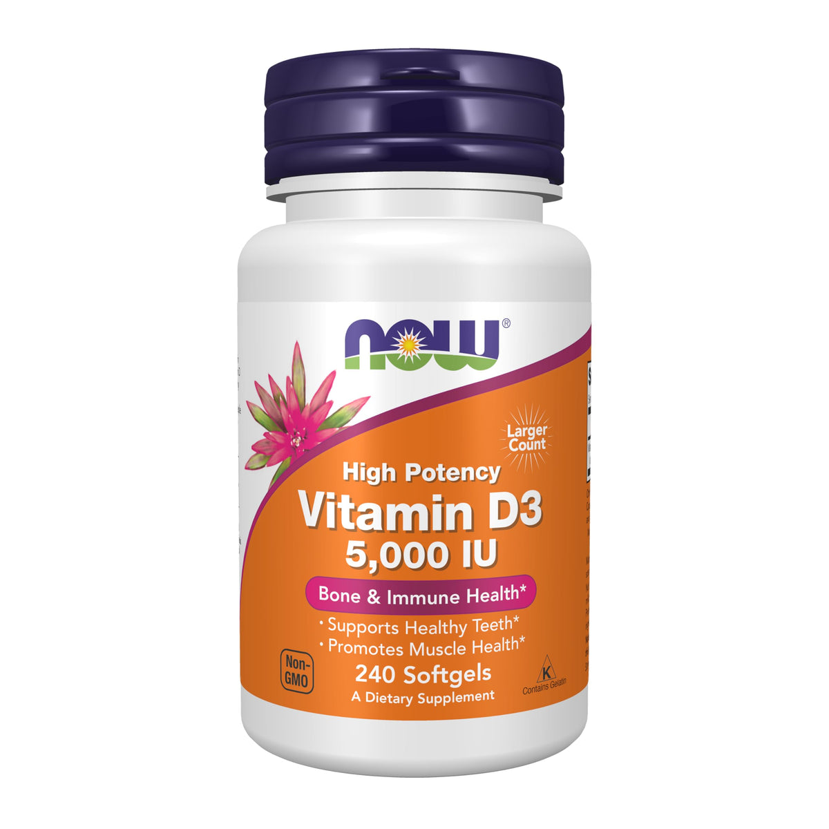 NOW Foods frasco frontal de Vitamina D‑3 5,000 IU mostrando el envase y cantidad