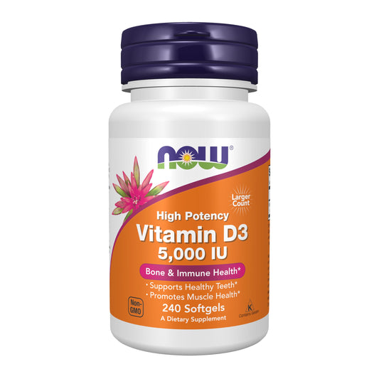 NOW Foods frasco frontal de Vitamina D‑3 5,000 IU mostrando el envase y cantidad