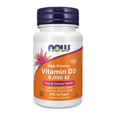 NOW Foods frasco frontal de Vitamina D‑3 5,000 IU mostrando el envase y cantidad