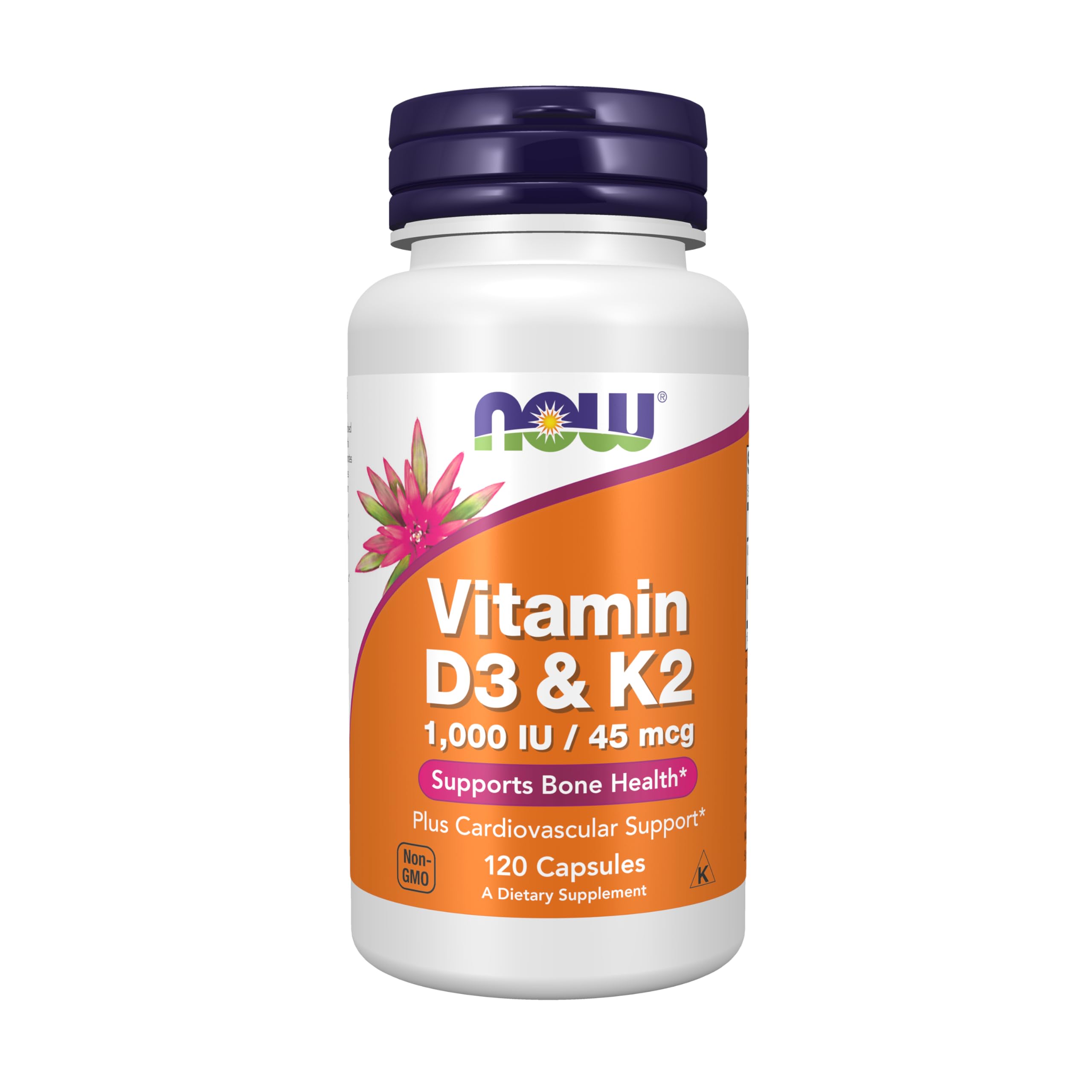 NOW Foods frasco delantero de Vitamin D-3 & K-2 mostrando etiqueta clara y beneficio óseo