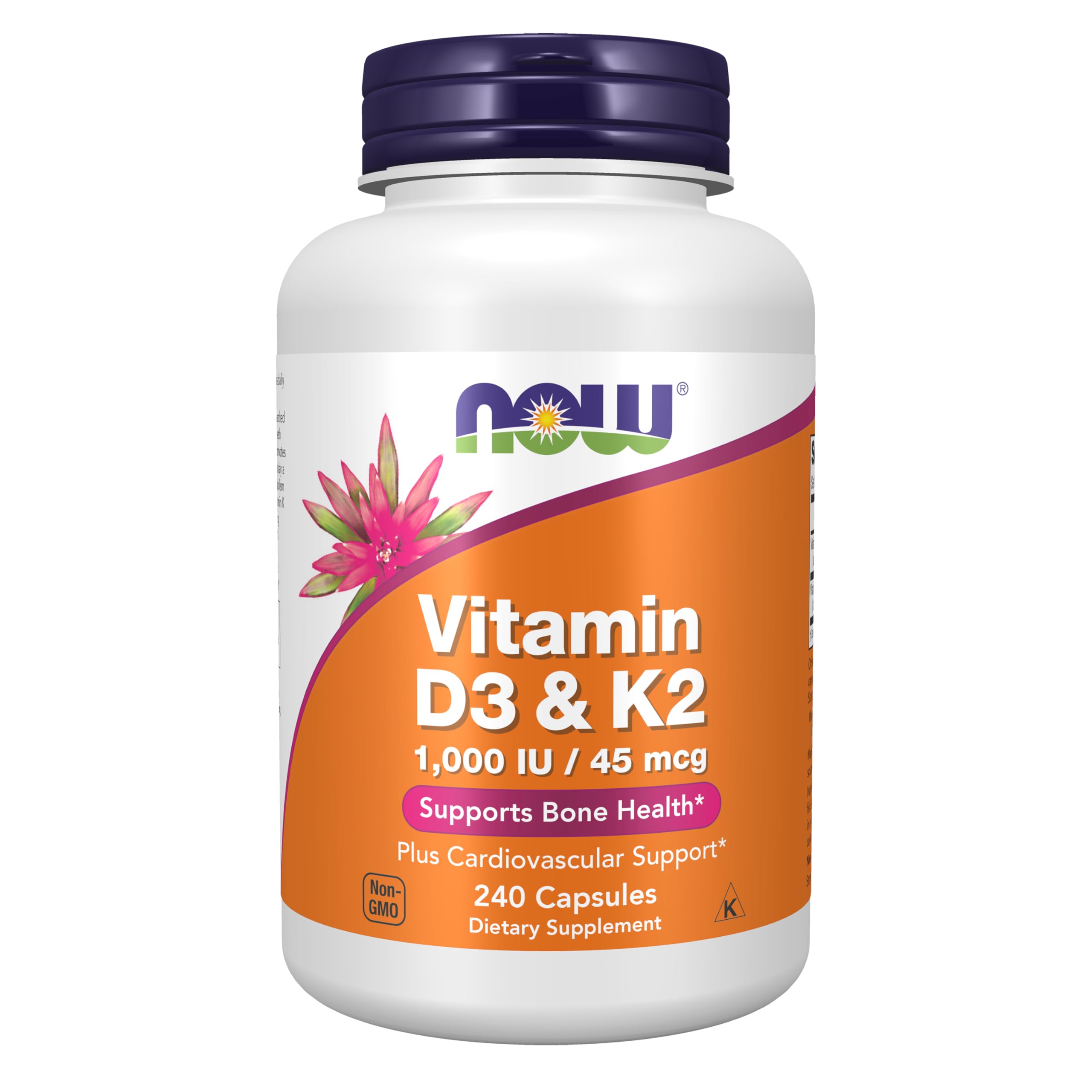 NOW Foods envase frontal que muestra vitaminas D3 y K2, beneficio claridad de uso