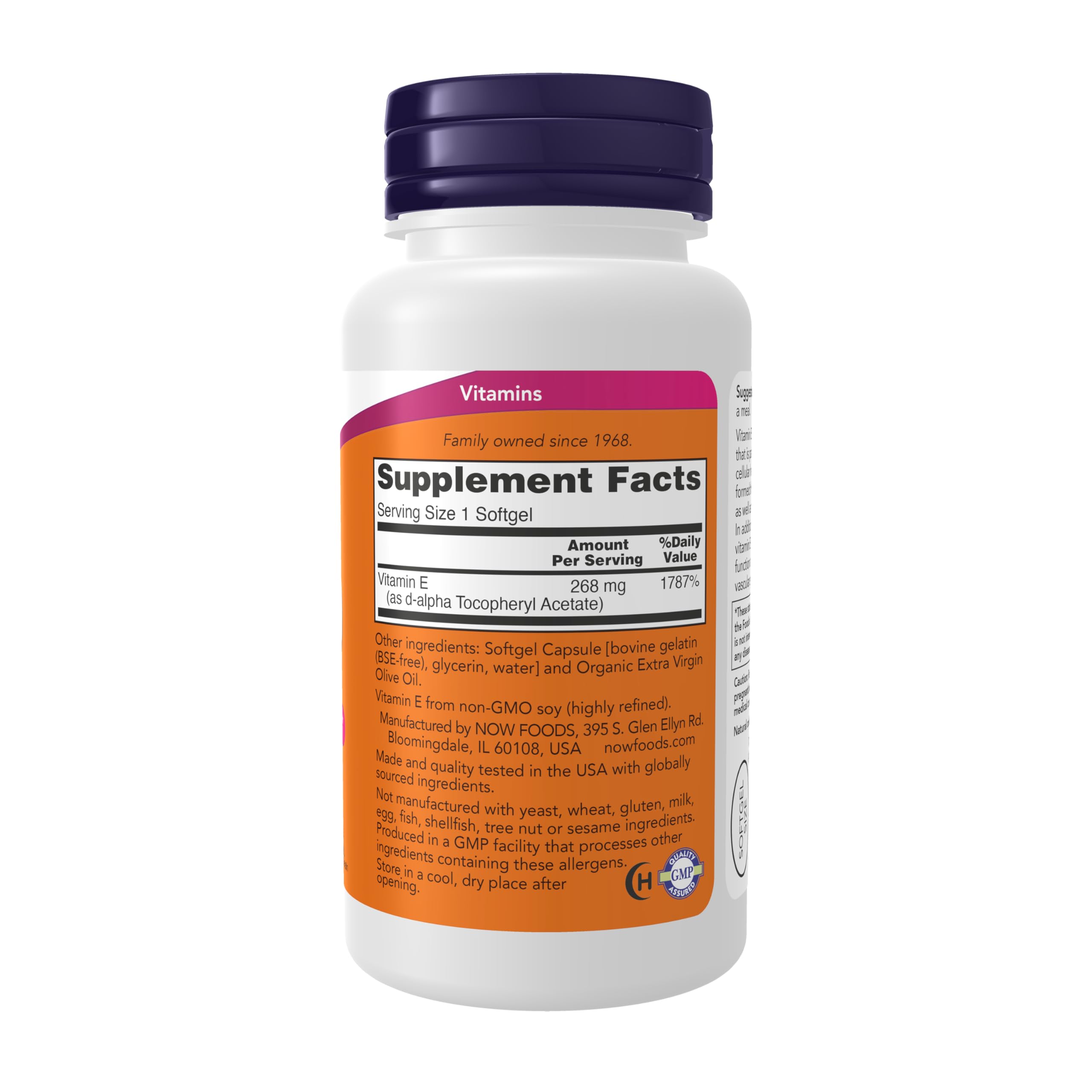 Cápsula blanda D-Alpha tocopheryl de NOW Foods en primer plano, fácil de tragar