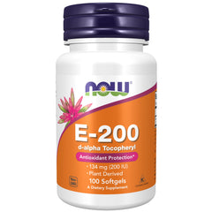 NOW Foods envase frontal de Vitamina E 200 IU mostrando el diseño y cantidad
