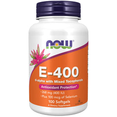 NOW Foods envase frontal mostrando 100 softgels y beneficios antioxidantes