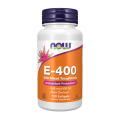 NOW Foods frasco frontal de Vitamina E 400 IU con información visible y confianza