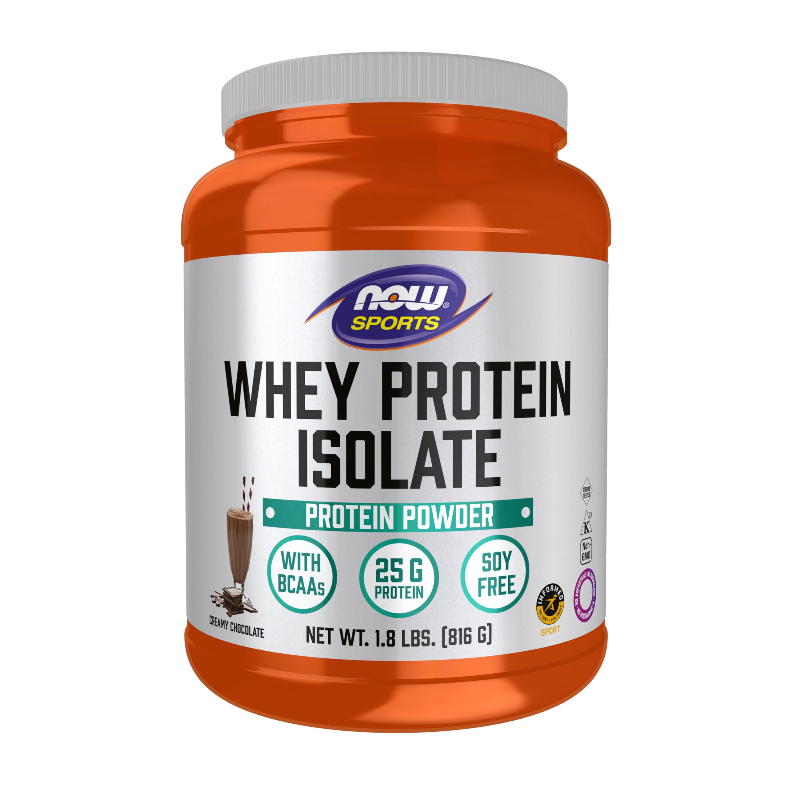 NOW Foods envase frontal de Whey Protein Isolate mostrando 25 g por porción y sabor chocolate