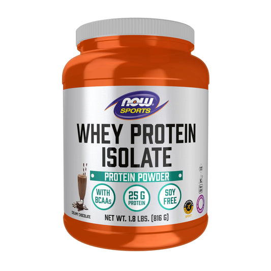 NOW Foods envase frontal de Whey Protein Isolate mostrando 25 g por porción y sabor chocolate
