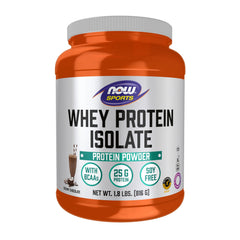 NOW Foods envase frontal de Whey Protein Isolate mostrando 25 g por porción y sabor chocolate