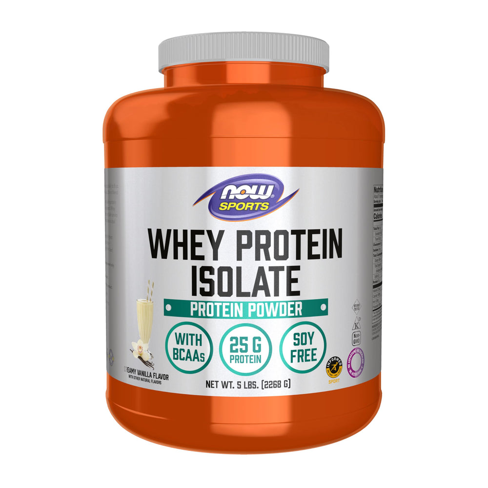 NOW Foods envase frontal 5 lb mostrando sabor vainilla cremosa y marca