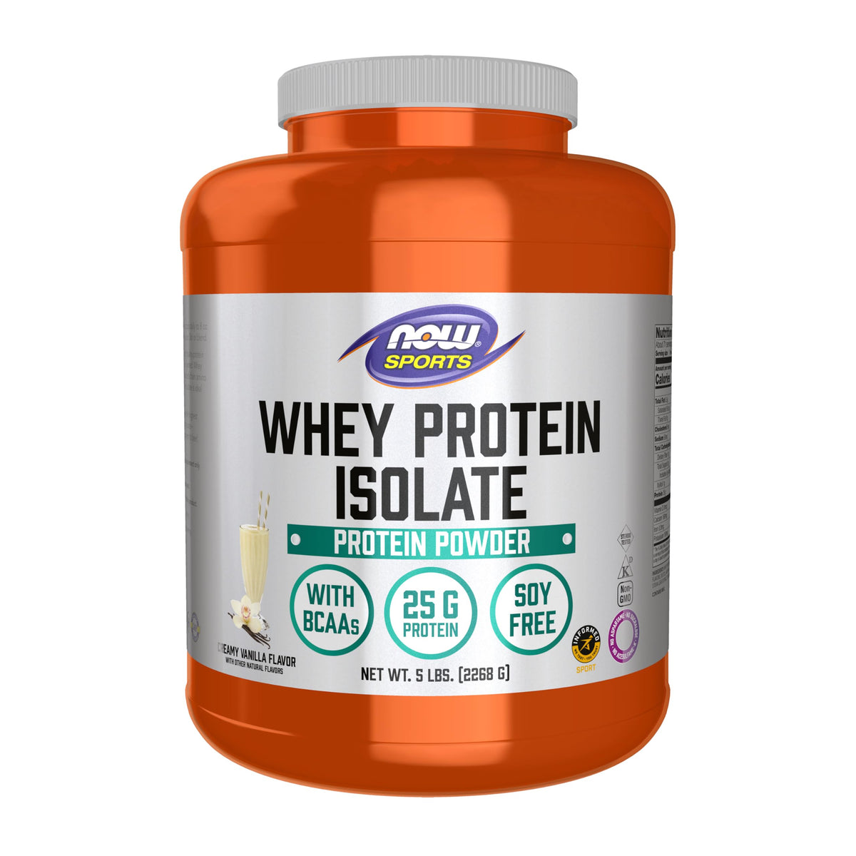 NOW Foods envase frontal 5 lb mostrando sabor vainilla cremosa y marca