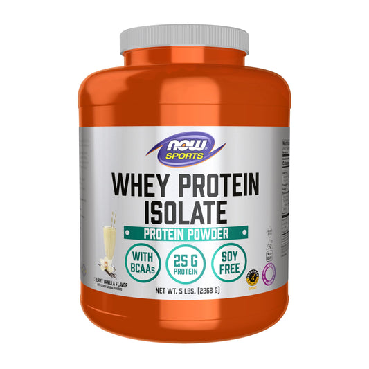 NOW Foods envase frontal 5 lb mostrando sabor vainilla cremosa y marca