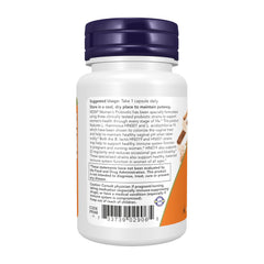 NOW Foods etiqueta con cepas y certificaciones, transparencia y calidad