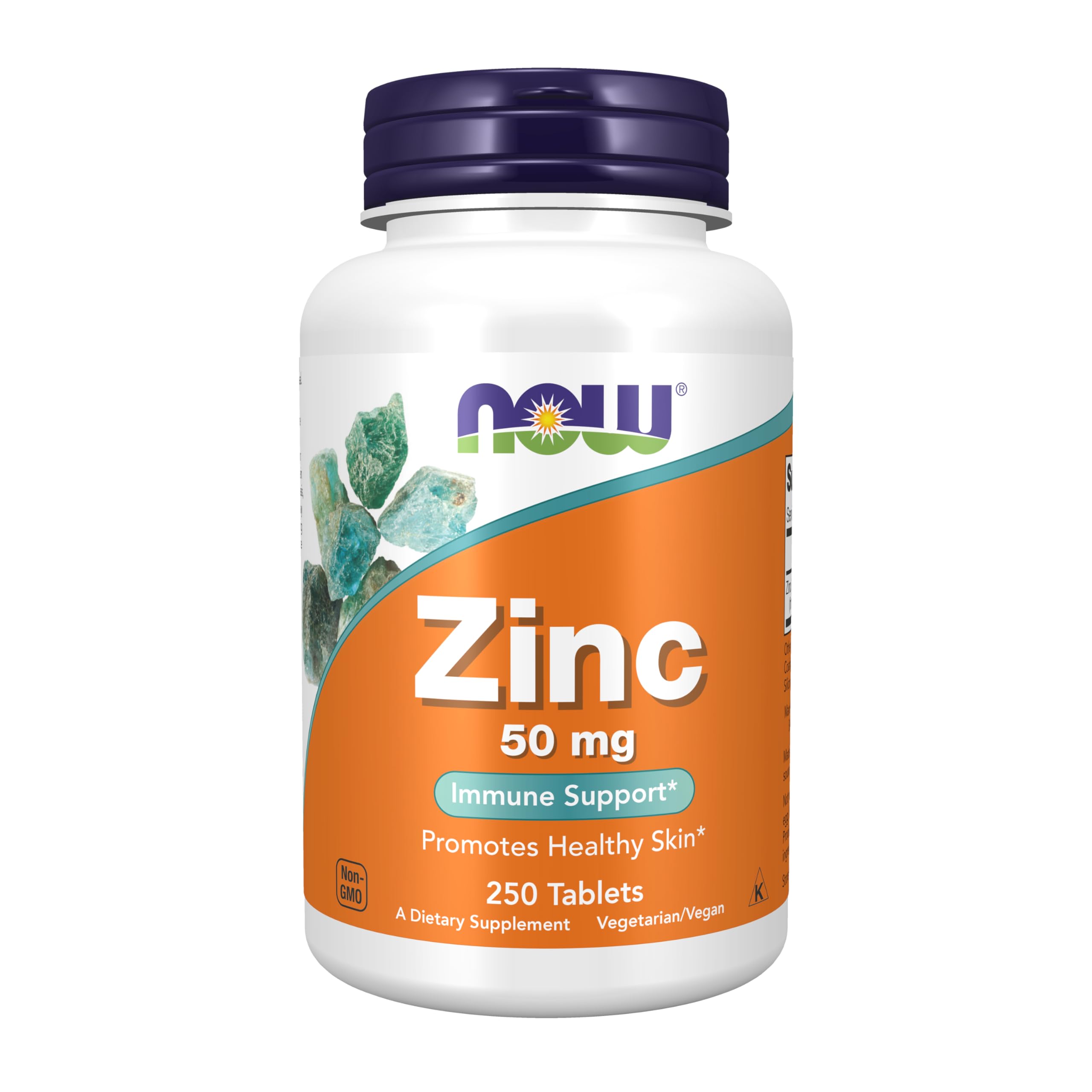 NOW Foods frasco frontal mostrando etiqueta y 250 tabletas, claridad de certificaciones