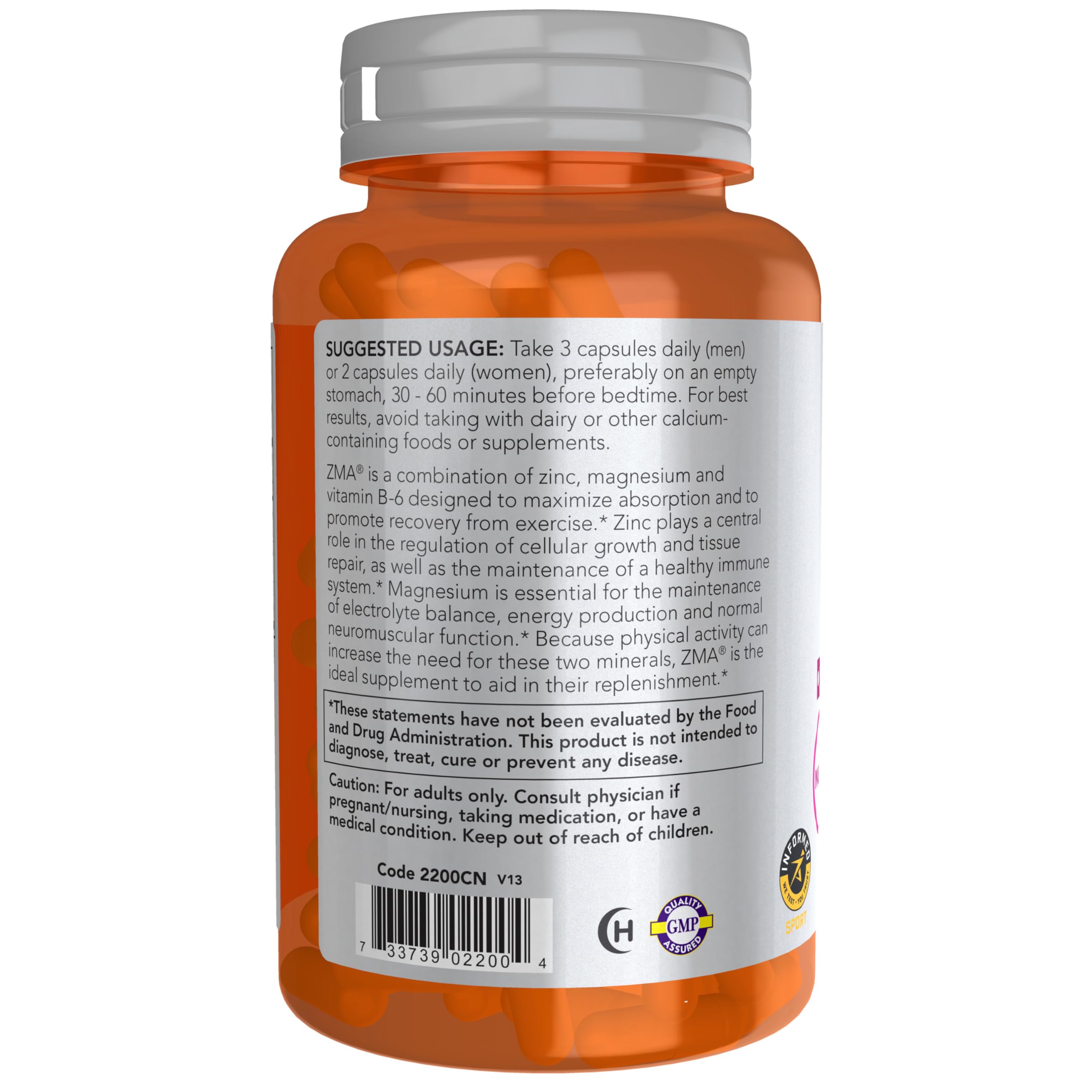 NOW Foods ZMA cierre de etiqueta con información de ingredientes y certificación
