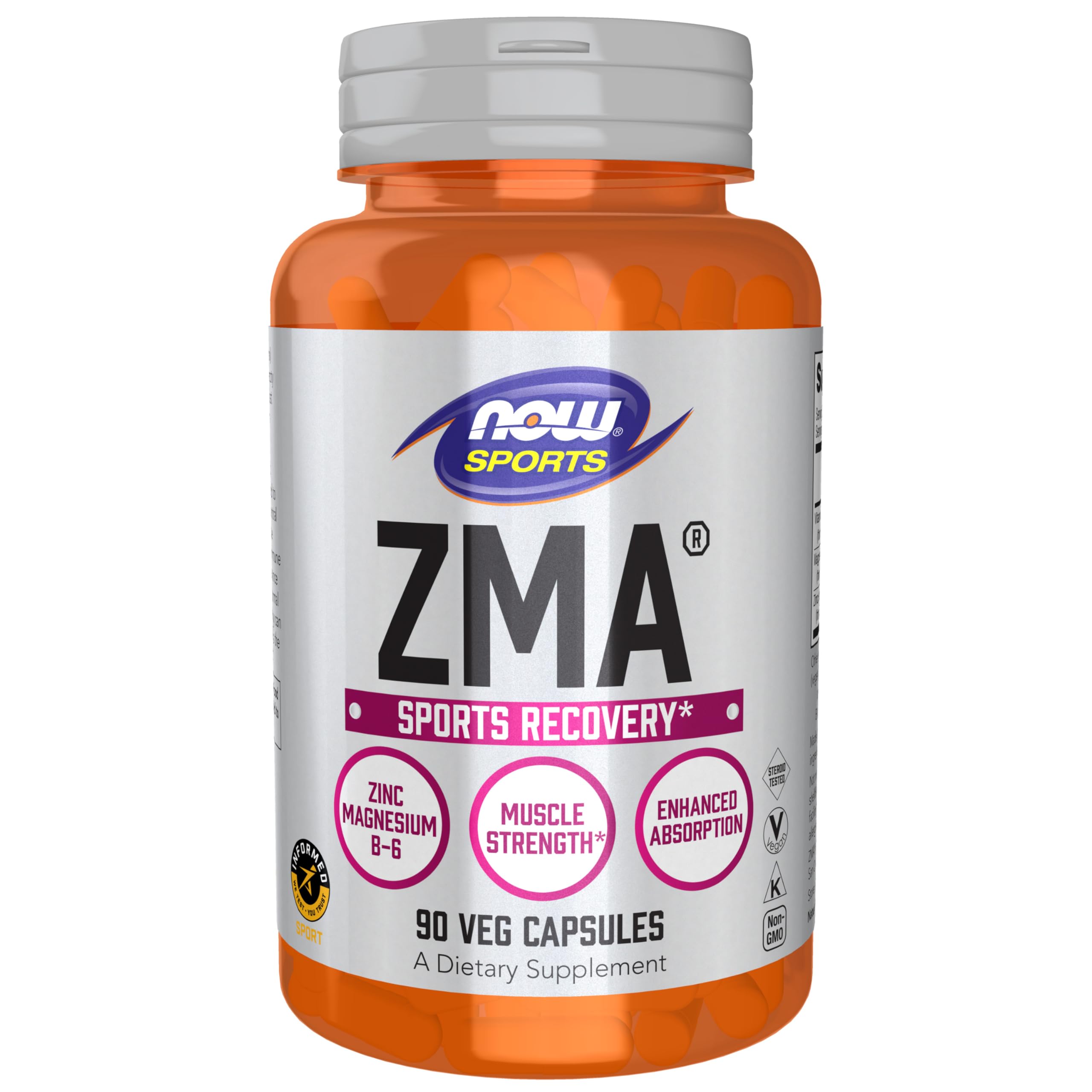 NOW Foods ZMA frente del empaque mostrando la botella y beneficios claros