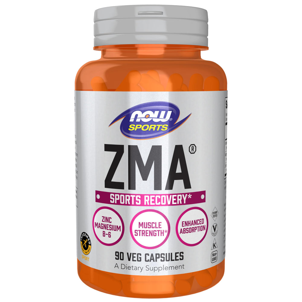 NOW Foods ZMA frente del empaque mostrando la botella y beneficios claros