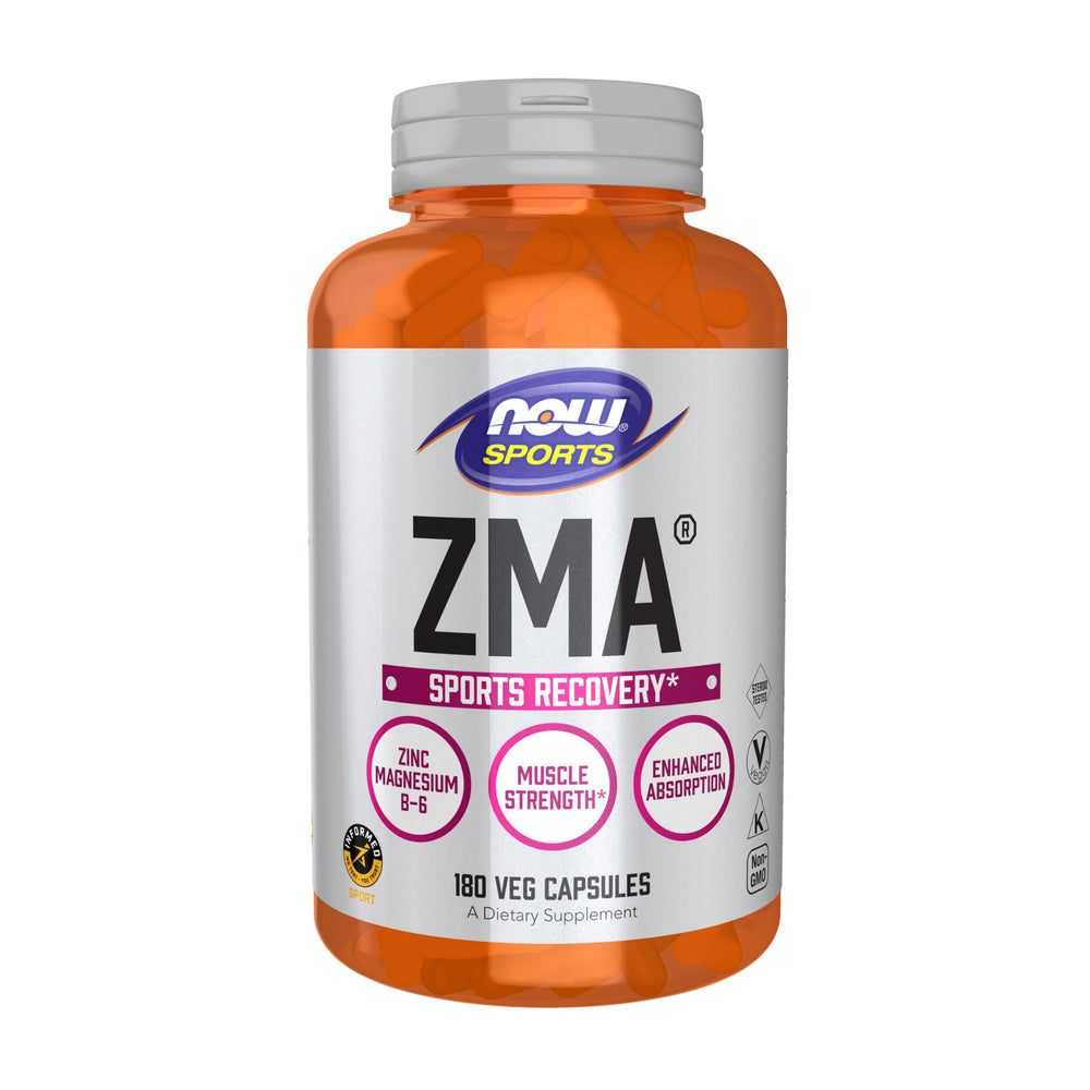 NOW Foods frasco ZMA frontal mostrando 180 cápsulas y etiqueta clara