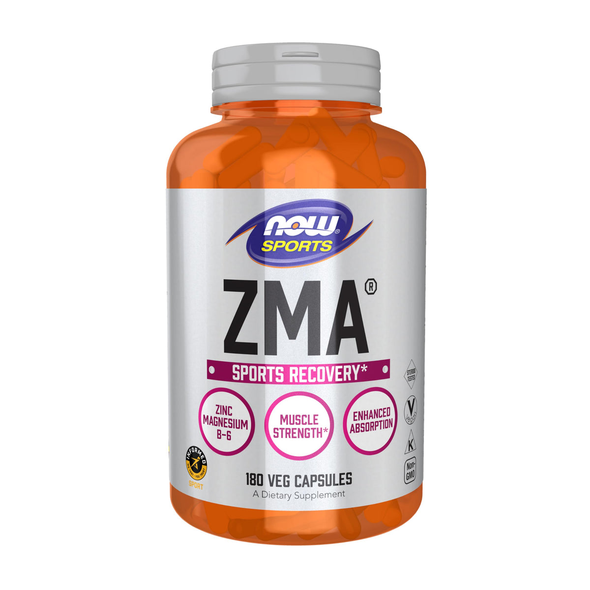NOW Foods frasco ZMA frontal mostrando 180 cápsulas y etiqueta clara