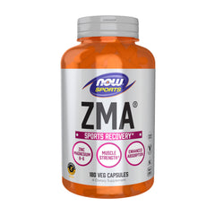 NOW Foods frasco ZMA frontal mostrando 180 cápsulas y etiqueta clara