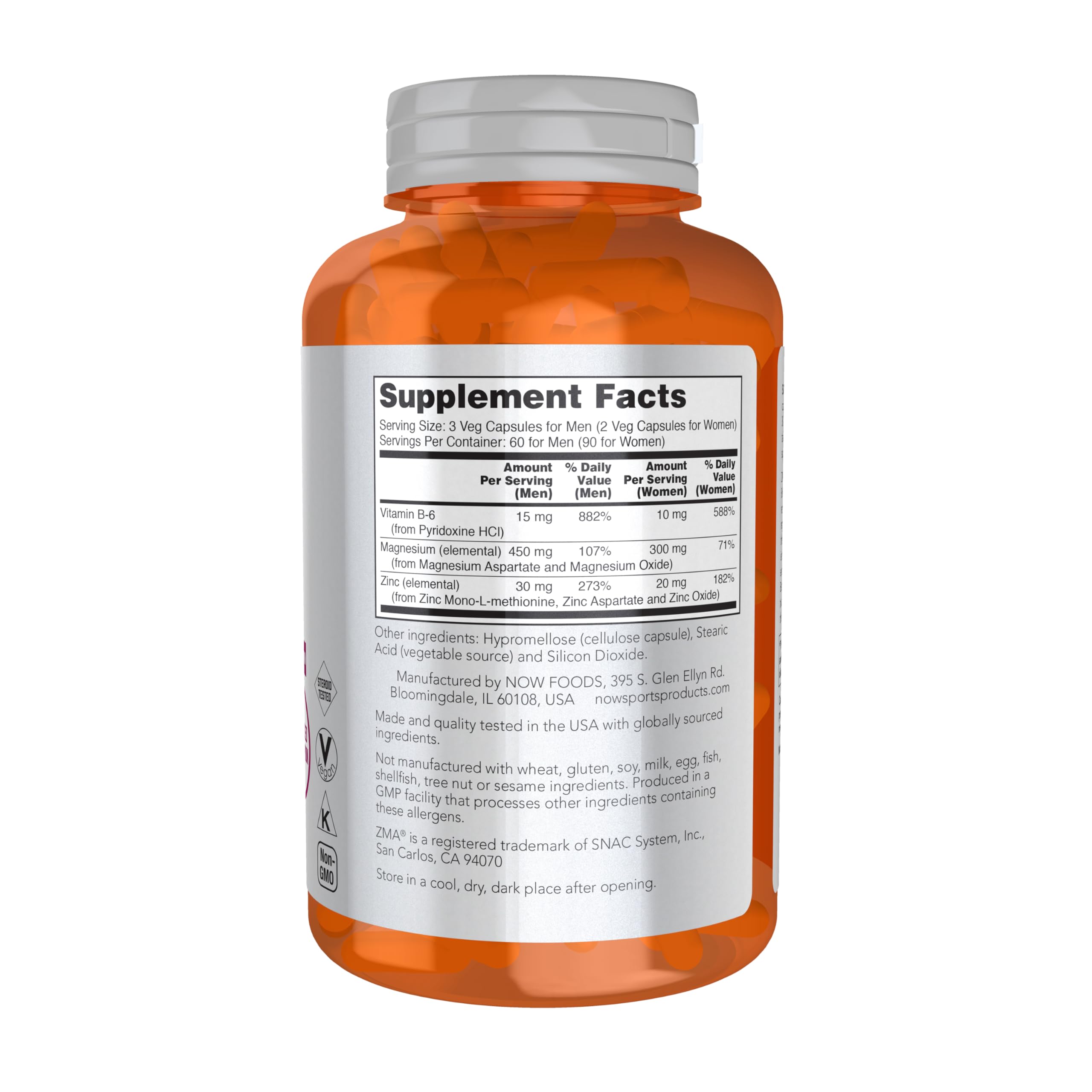 Suplemento NOW Foods ZMA en mesita junto a vaso de agua, apoyo recuperación