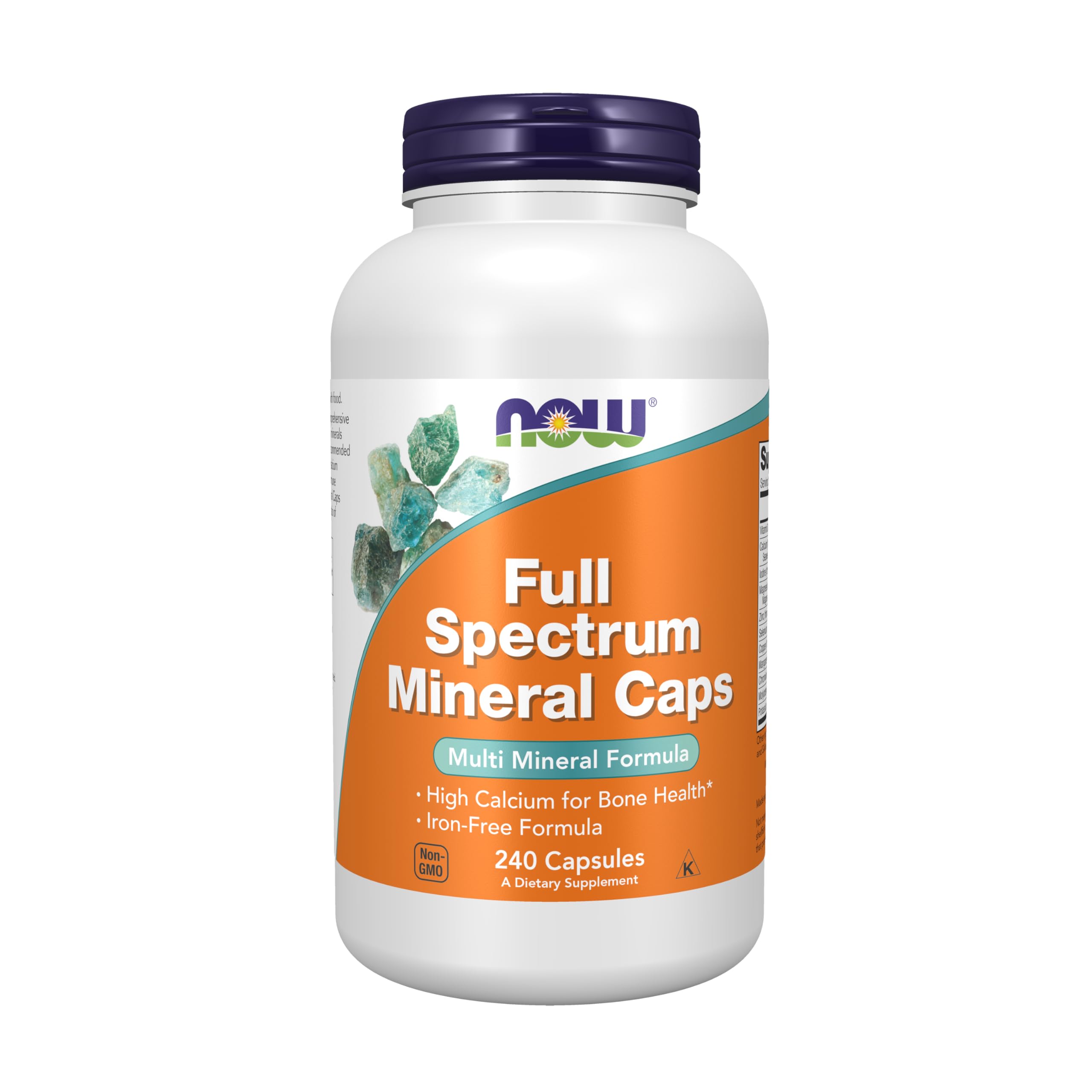 NOW Full Spectrum Mineral frente del envase mostrando 240 cápsulas y beneficios