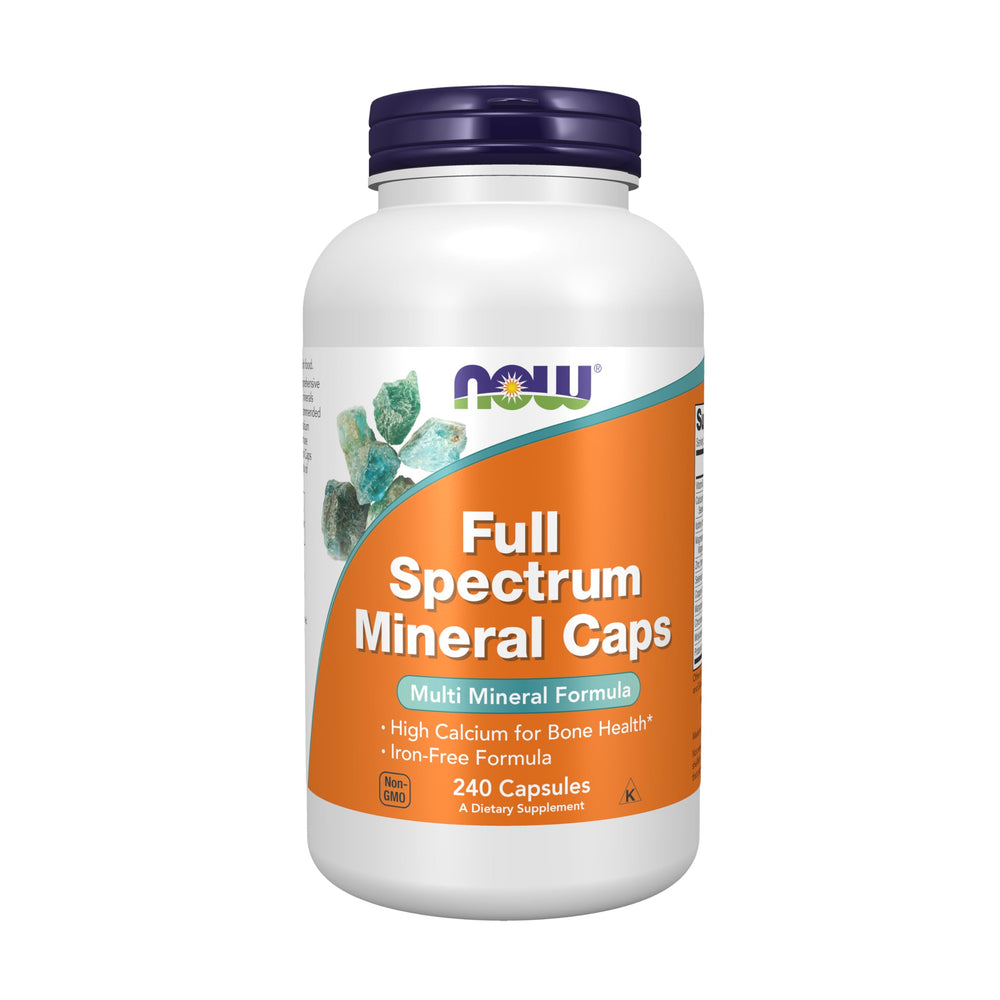 NOW Full Spectrum Mineral frente del envase mostrando 240 cápsulas y beneficios