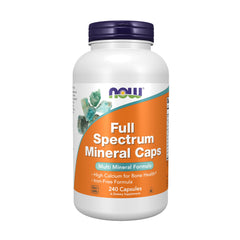 NOW Full Spectrum Mineral frente del envase mostrando 240 cápsulas y beneficios