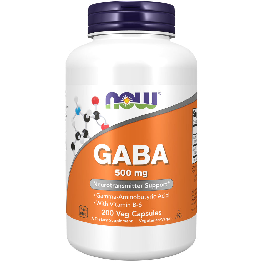 NOW Foods envase frontal GABA 500 mg mostrando 200 cápsulas y marca para confianza