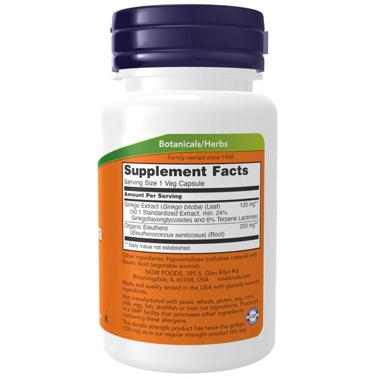 NOW Foods primer plano de una cápsula vegetal de Ginkgo con formato doble fuerza