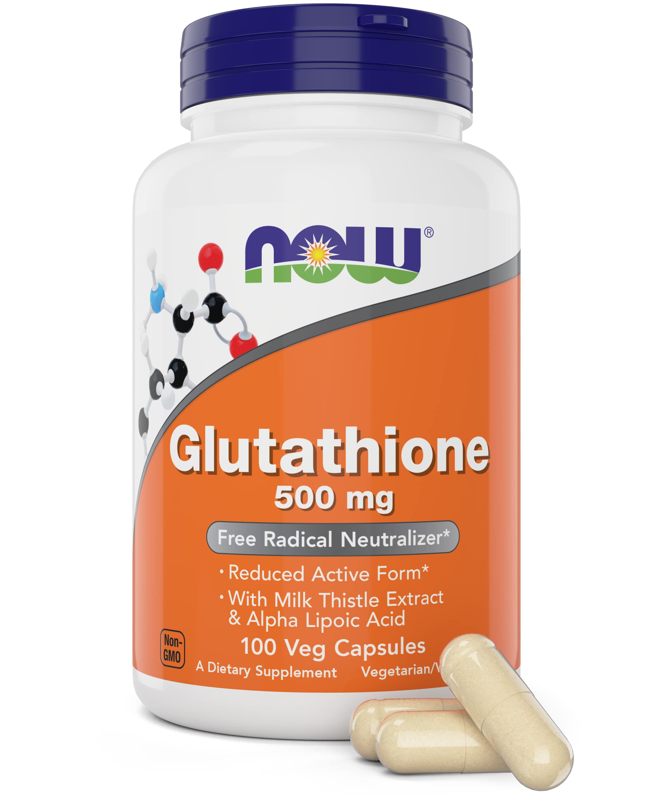 NOW Foods envase frontal mostrando glutatión 500 mg y beneficios