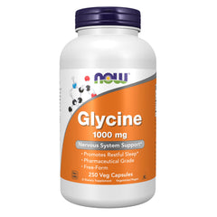 NOW Foods envase frontal de Glycine 1,000 mg mostrando 250 cápsulas y beneficio de apoyo nervioso