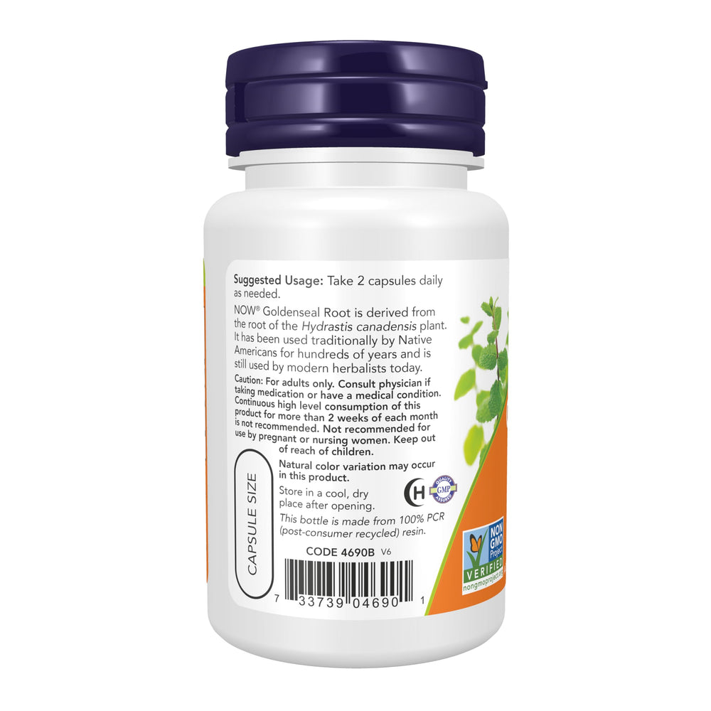 NOW Goldenseal Root persona sosteniendo cápsula, uso práctico y dosis clara