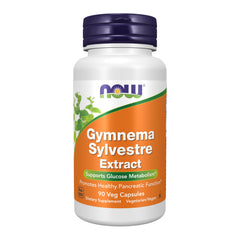 NOW Foods botella frontal del suplemento Gymnema Sylvestre mostrando etiqueta clara y beneficios