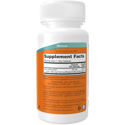 cápsula vegetal NOW Hierro 36 mg en primer plano mostrando su superficie lisa