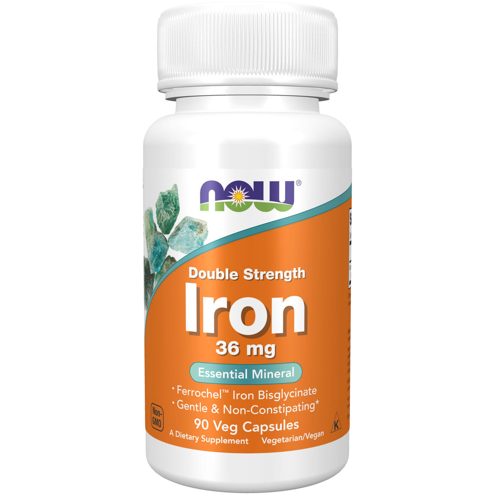 NOW Foods envase frontal de Hierro 36 mg que destaca la doble fuerza y beneficios