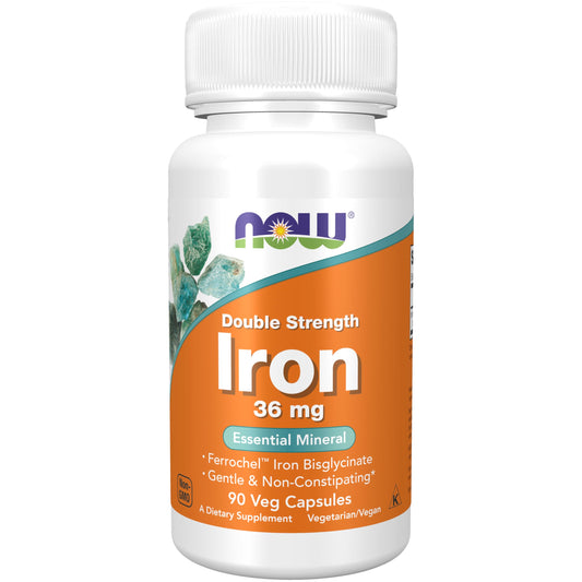 NOW Foods envase frontal de Hierro 36 mg que destaca la doble fuerza y beneficios