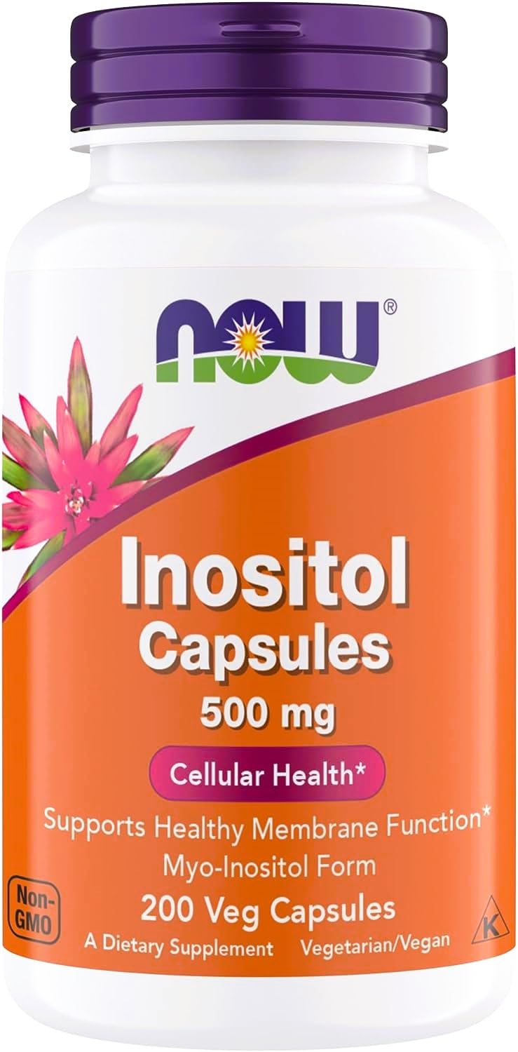 NOW Foods bote frontal de inositol 500 mg, envase claro y presentación de 200 cápsulas útil para compra