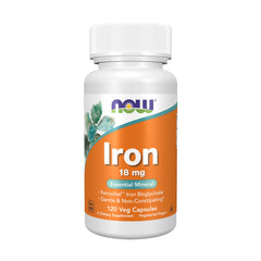 NOW Foods frente del envase mostrando hierro 18 mg y cápsulas veganas para una suplementación suave