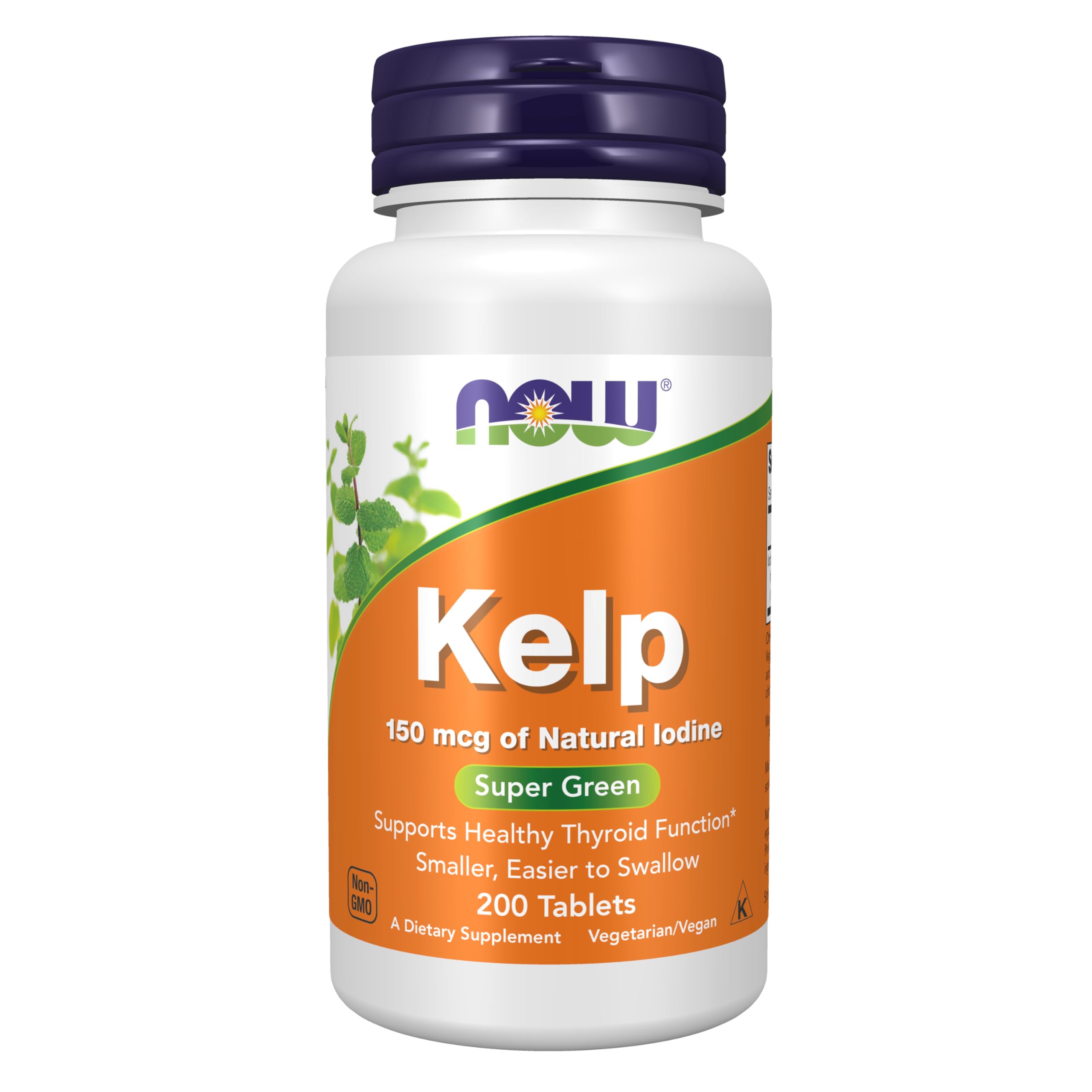 NOW Kelp frasco frontal mostrando 200 tabletas y diseño de etiqueta, fácil identificación