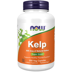NOW Kelp frasco frontal mostrando 250 cápsulas y beneficios de yodo natural
